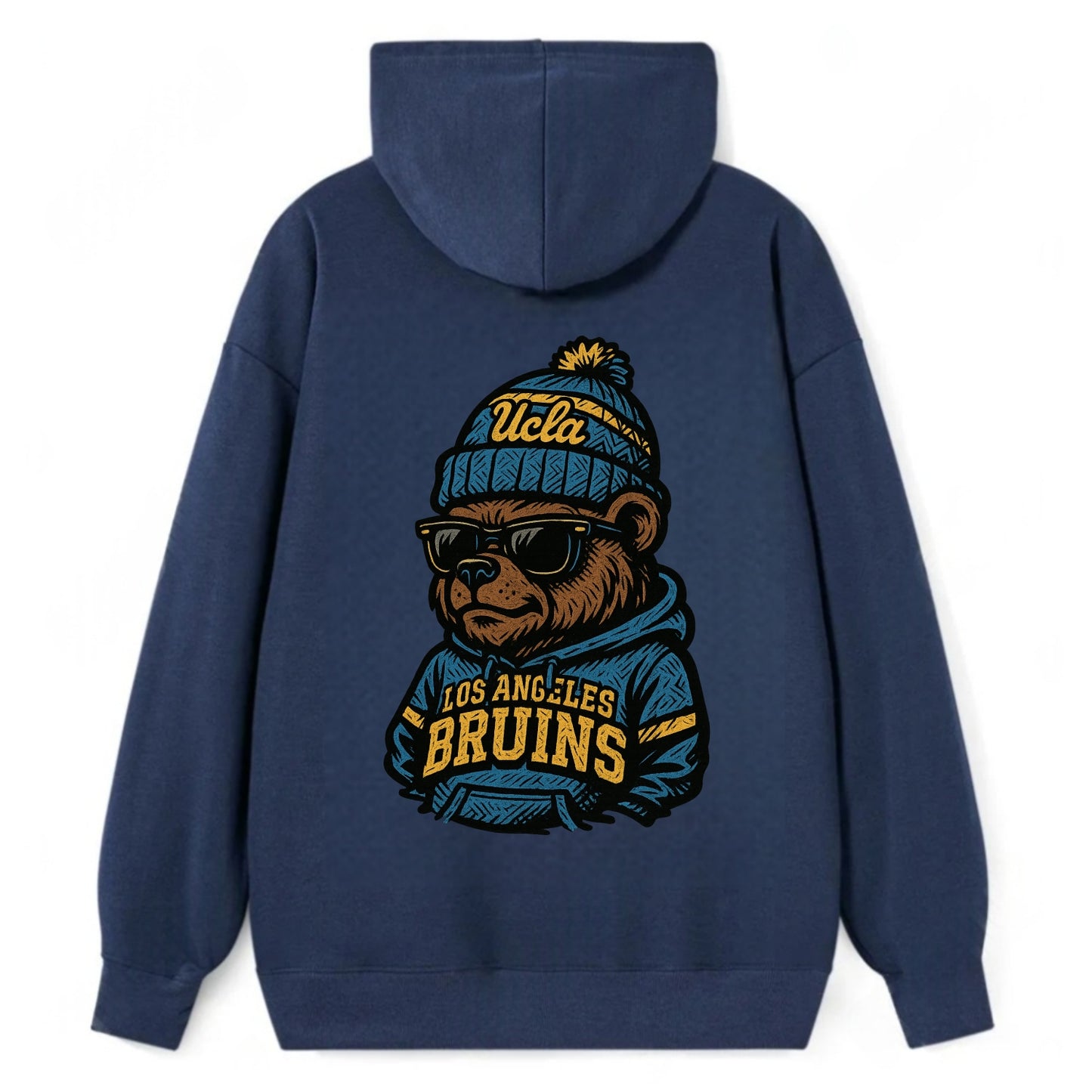 Los Angeles Bruin wearing UCLA beanie with script patch - Classic Pullover Hoodie - Navy