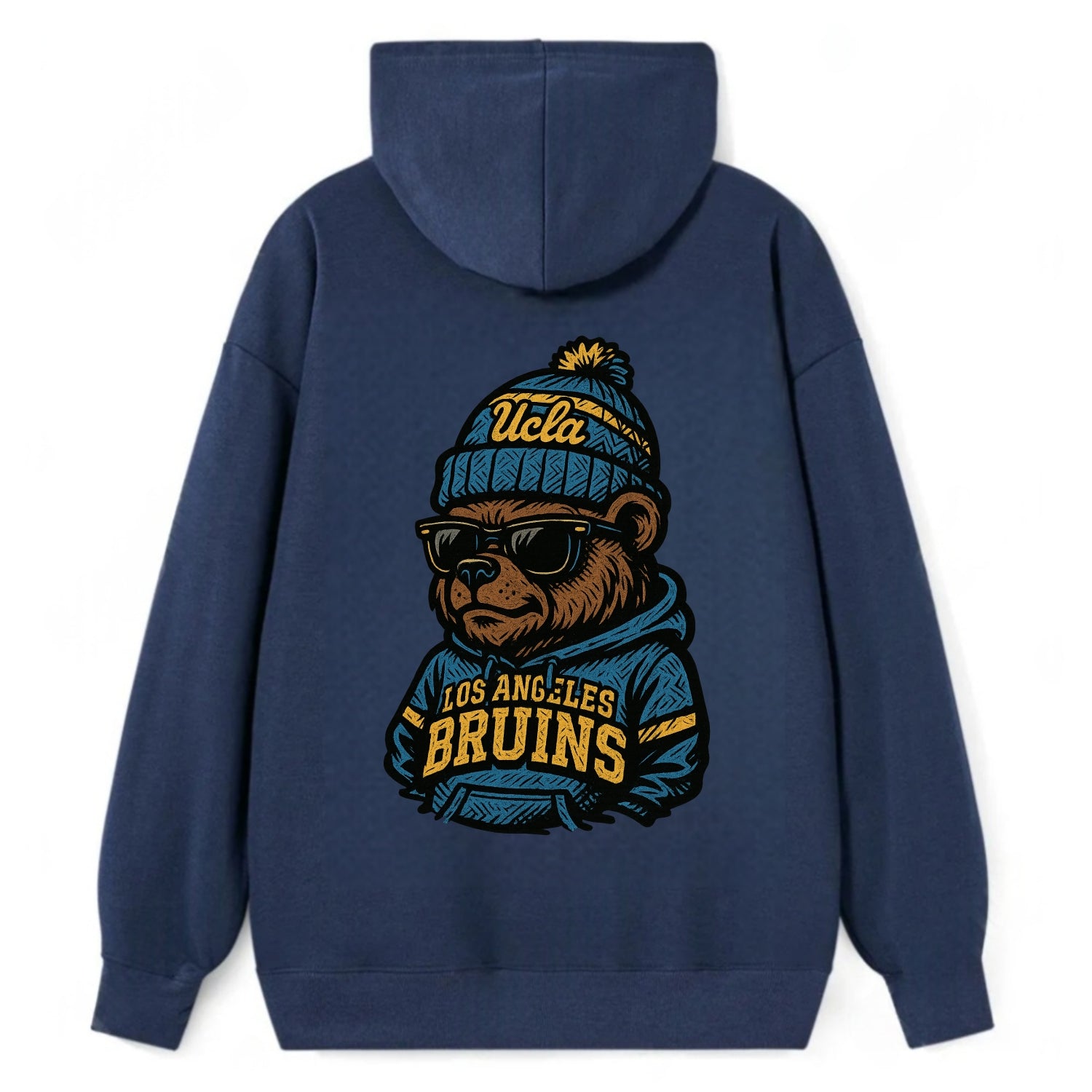 Los Angeles Bruin wearing UCLA beanie with script patch - Classic Pullover Hoodie - Navy