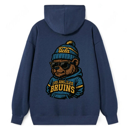 Los Angeles Bruin wearing UCLA beanie with script patch - Classic Pullover Hoodie - Navy