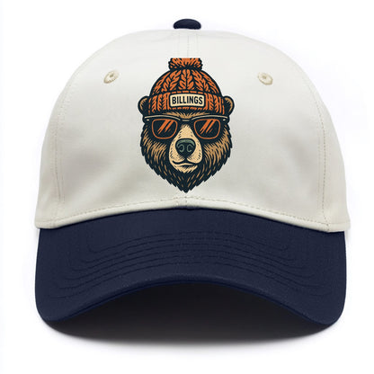 Montana Grizzly Bear wearing Billings beanie with pom pom and wayfarer sunglasses - Two Tone Cap - Navy