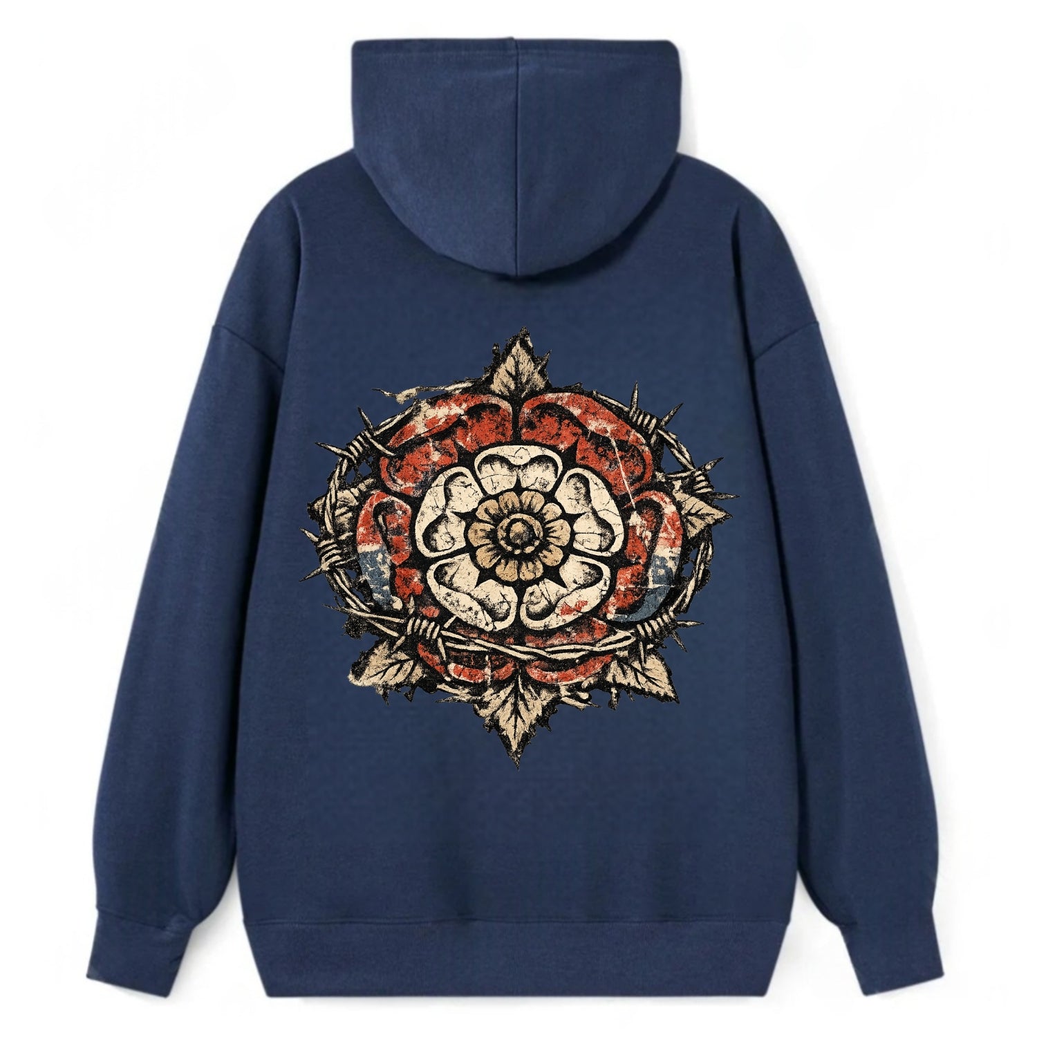 THORNED ROSE | Tudor rose with thorns | Barbed wire integration | - Classic Pullover Hoodie - Navy