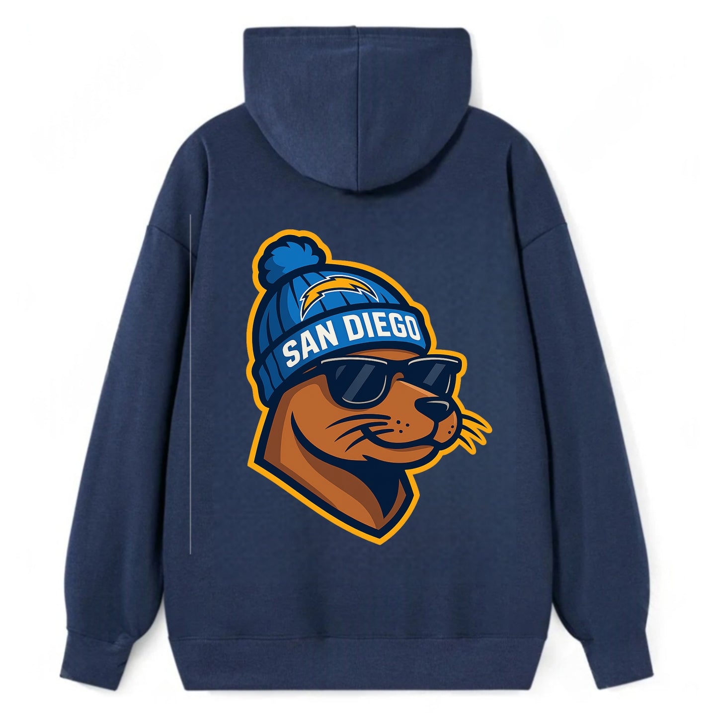 San Diego Sea Lion wearing Chargers beanie with bolt patch and wayfarer - Classic Pullover Hoodie - Navy
