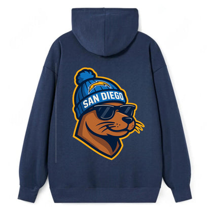 San Diego Sea Lion wearing Chargers beanie with bolt patch and wayfarer - Classic Pullover Hoodie - Navy