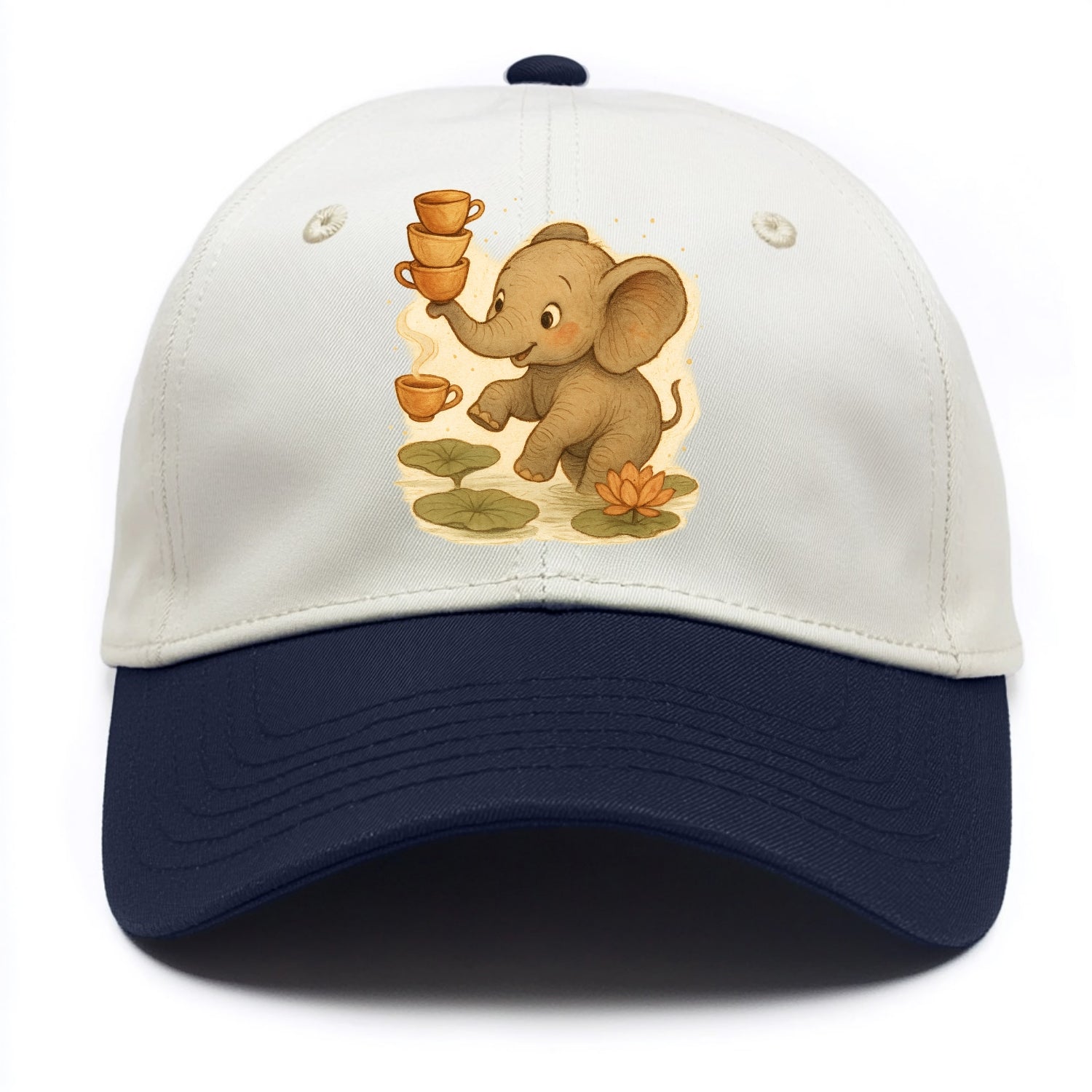 Elephant balancing teacups during a floating tea ceremony beside lotus ponds - Two Tone Cap - Navy