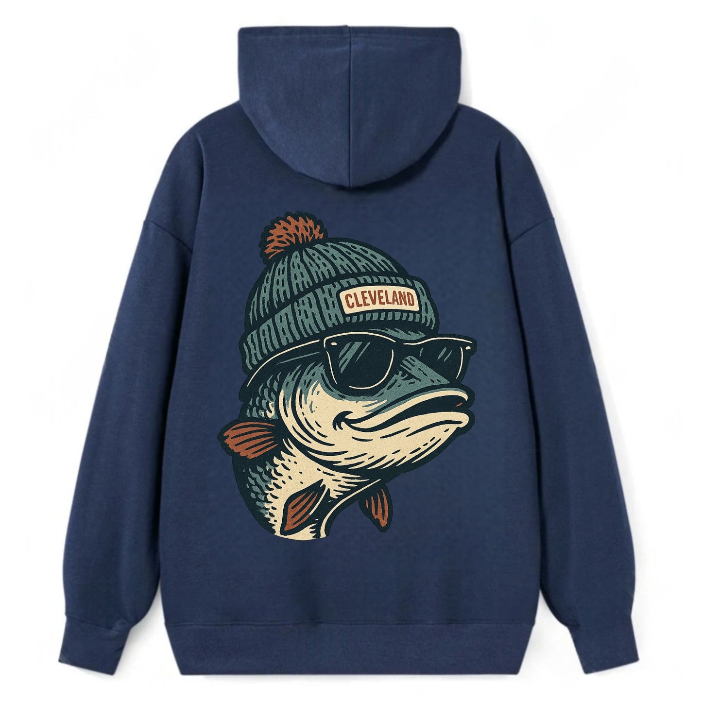 Cleveland Lake Erie Walleye wearing Cleveland beanie with pom pom and - Classic Pullover Hoodie - Navy