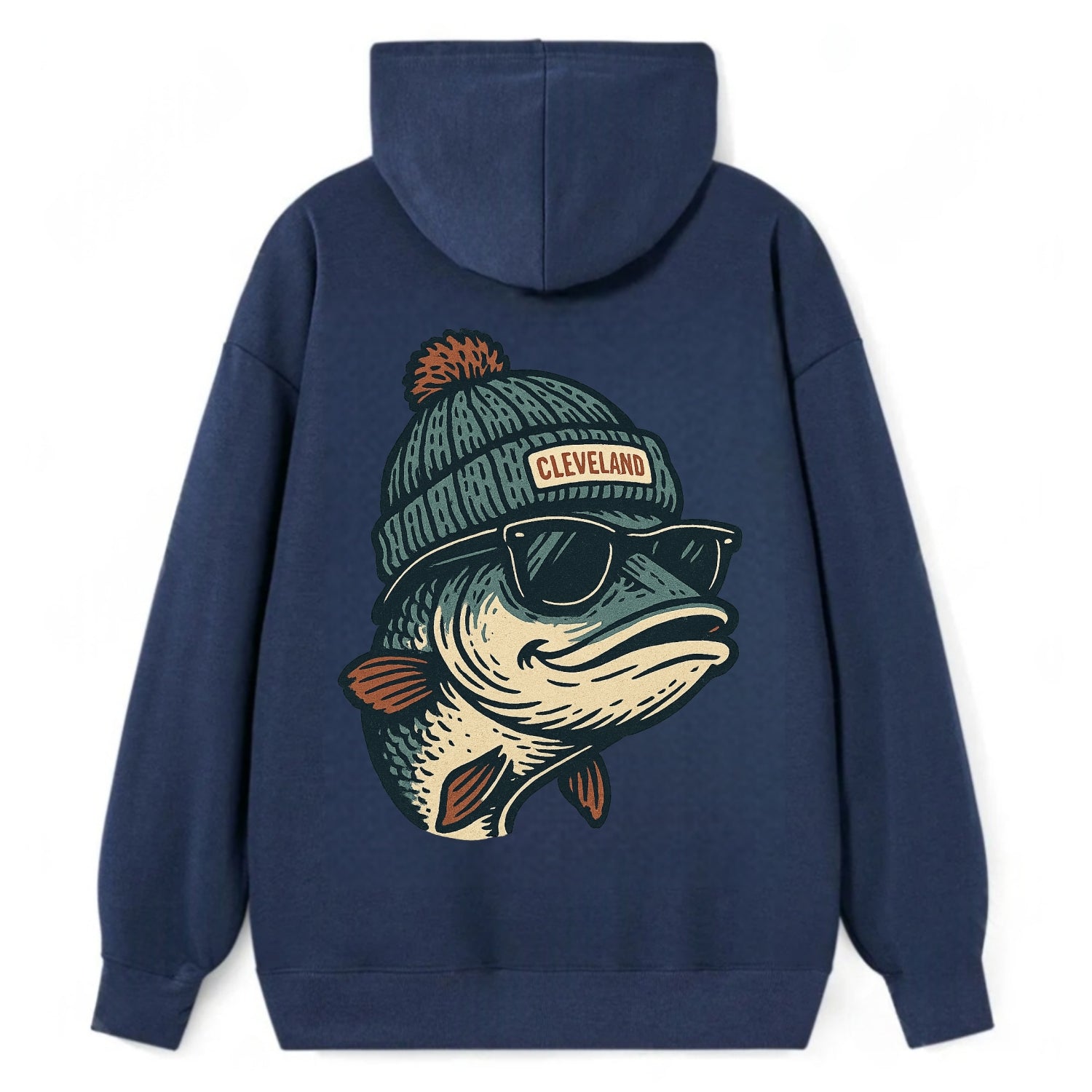 Cleveland Lake Erie Walleye wearing Cleveland beanie with pom pom and - Classic Pullover Hoodie - Navy