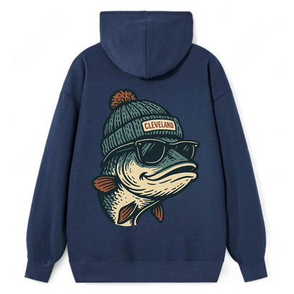 Cleveland Lake Erie Walleye wearing Cleveland beanie with pom pom and - Classic Pullover Hoodie - Navy
