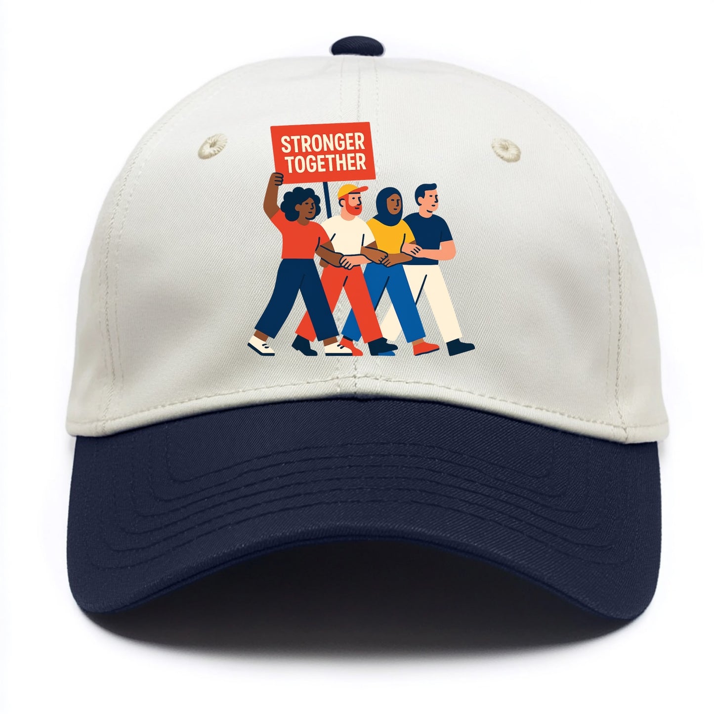 Peaceful protesters marching with linked arms - "Stronger Together" - solidarity - Two Tone Cap - Navy