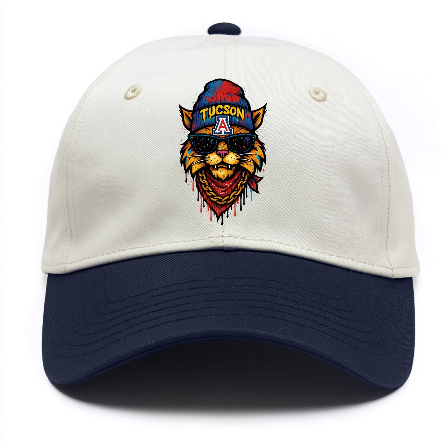 Tucson Wildcat wearing Arizona beanie with A patch - Two Tone Cap - Navy