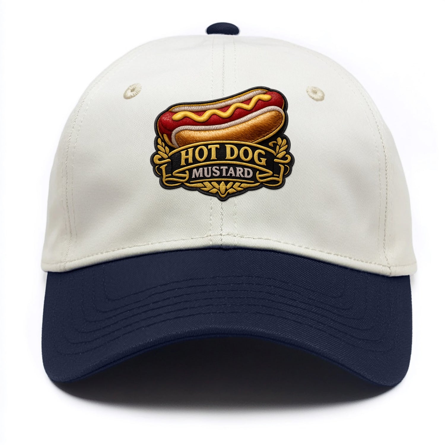 HOT DOG MUSTARD - classic hot dog in tan yellow red , ballpark food - Two Tone Cap - Navy