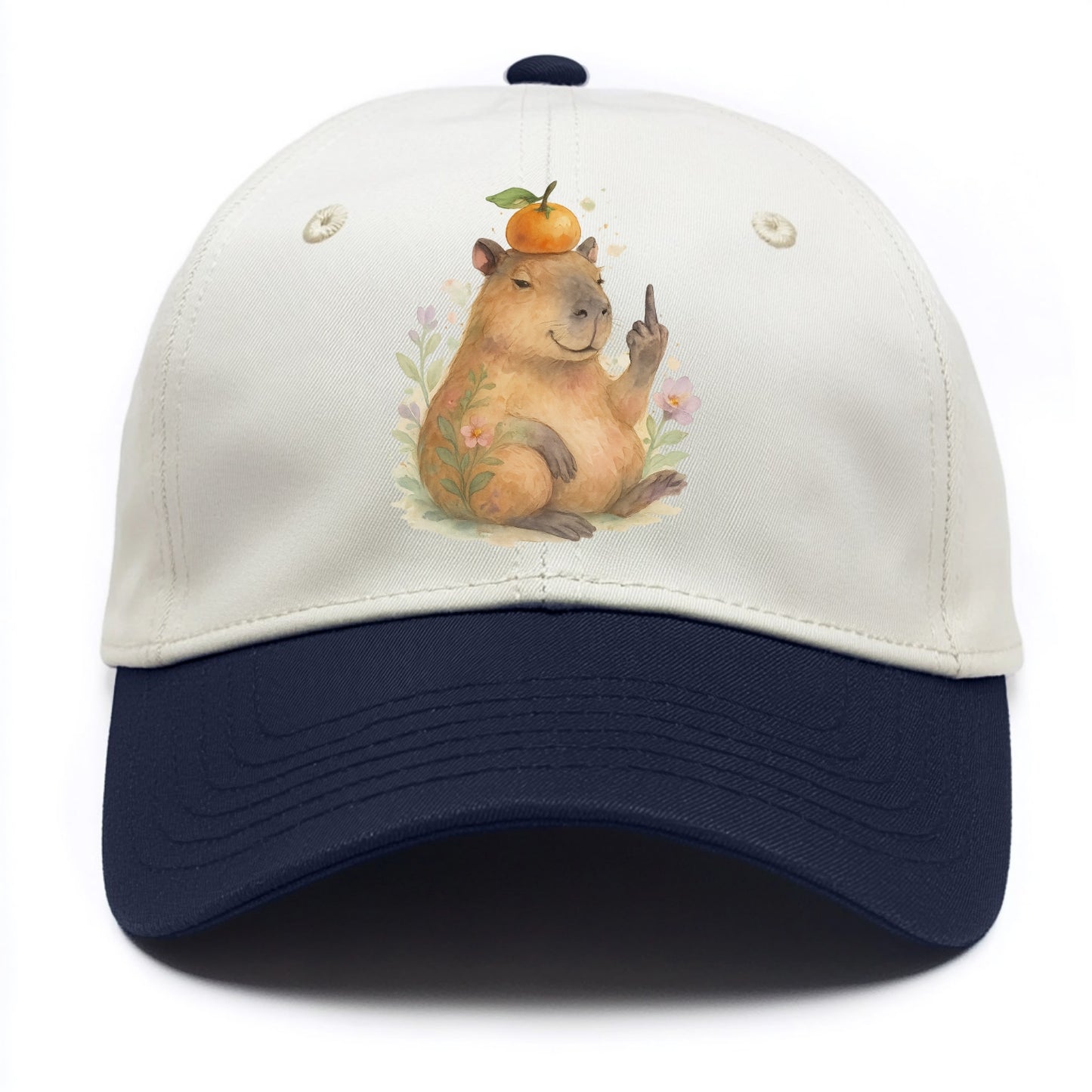 chonky capybara relaxing with orange on head, one webbed middle finger up - Two Tone Cap - Navy