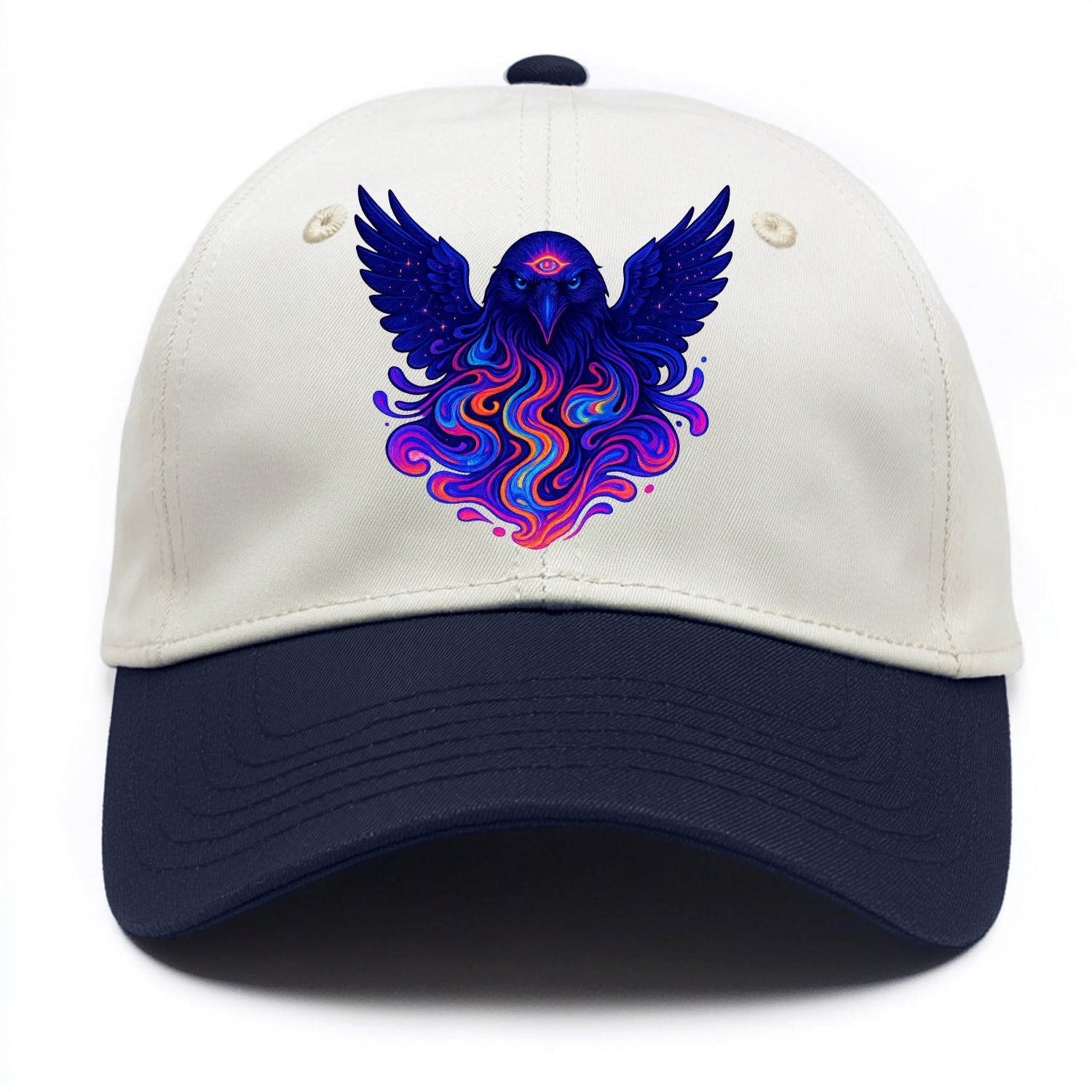 Mysterious raven with feathers showing future visions in neon colors, wings spread - Two Tone Cap - Navy