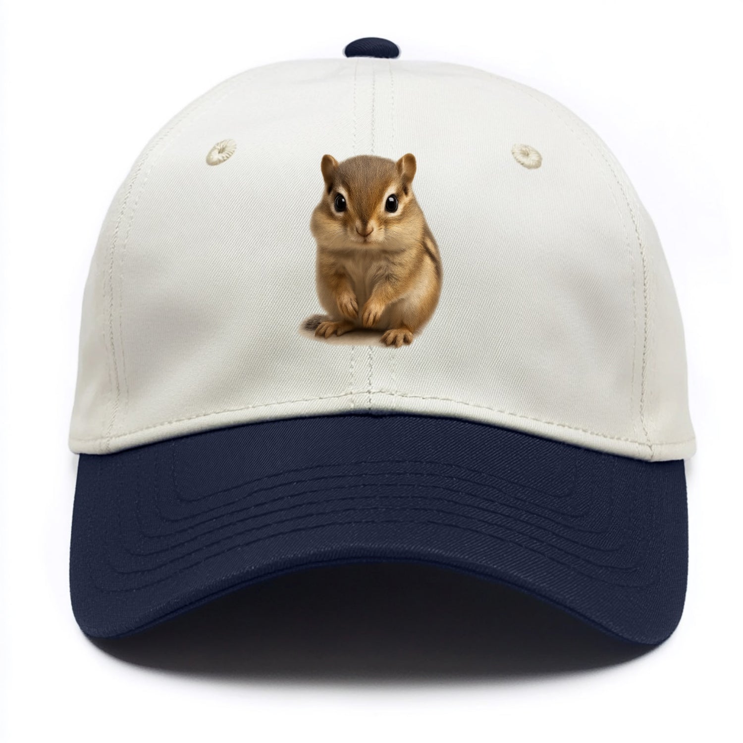Baby Chipmunk - striped back, cheek pouches, tiny paws, bright eyes, front-facing, - Two Tone Cap - Navy