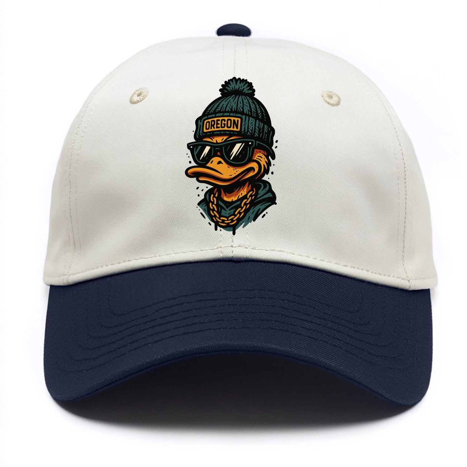 Eugene Duck wearing Oregon beanie with p - Two Tone Cap - Navy