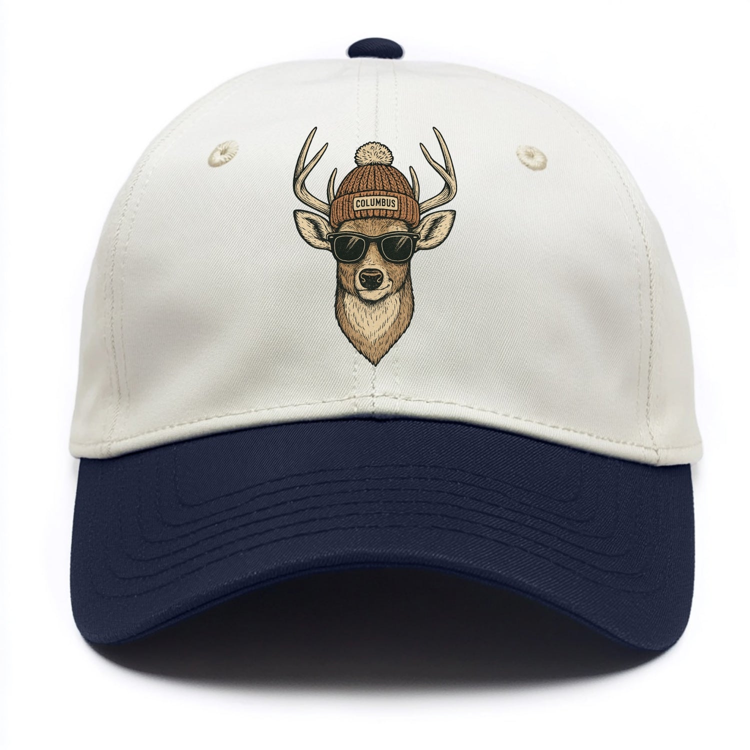 Ohio White-tailed Deer wearing Columbus beanie with pom pom and wayfarer sunglasses - Two Tone Cap - Navy