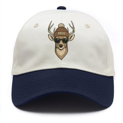 Ohio White-tailed Deer wearing Columbus beanie with pom pom and wayfarer sunglasses - Two Tone Cap - Navy