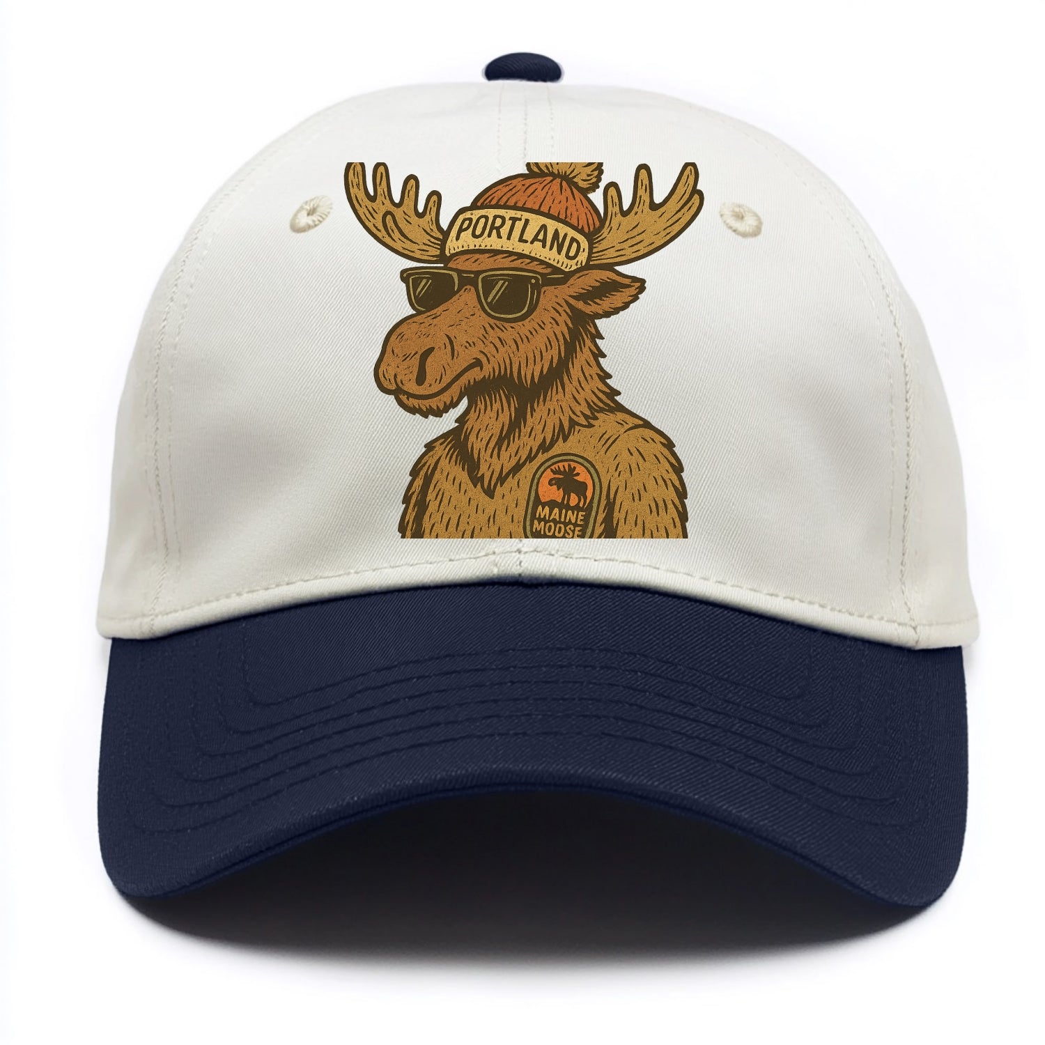 Maine Moose wearing Portland beanie with pom pom and wayfarer sunglasses - Two Tone Cap - Navy