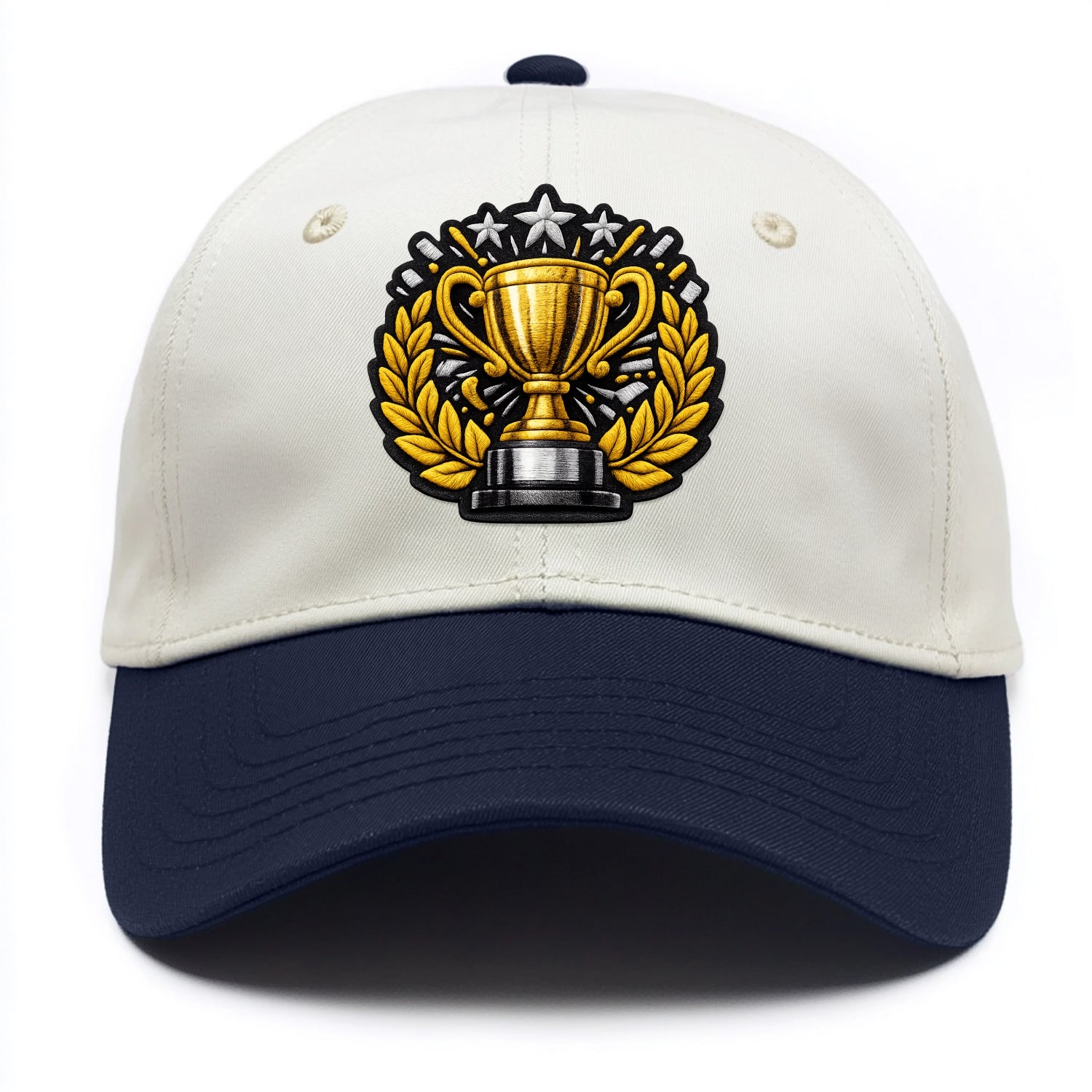 Embroidered patch design - CHAMPIONSHIP TROPHY - golden trophy cup with laurels in - Two Tone Cap - Navy