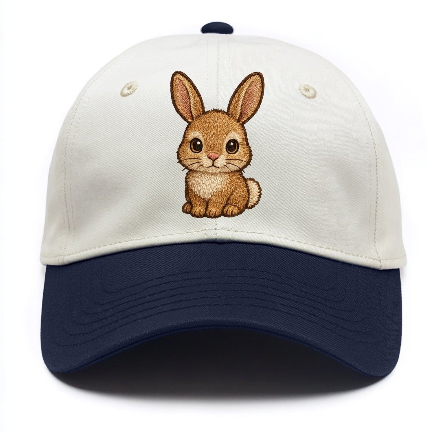 Baby Rabbit - long ears, fluffy white tail, pink nose, large brown eyes, - Two Tone Cap - Navy