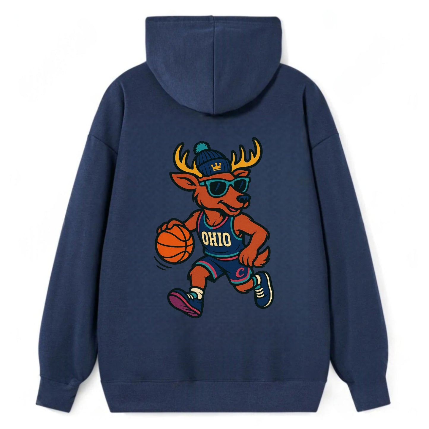Ohio Deer wearing Cavs beanie with crown patch and wayfarer sunglasses - Classic Pullover Hoodie - Navy