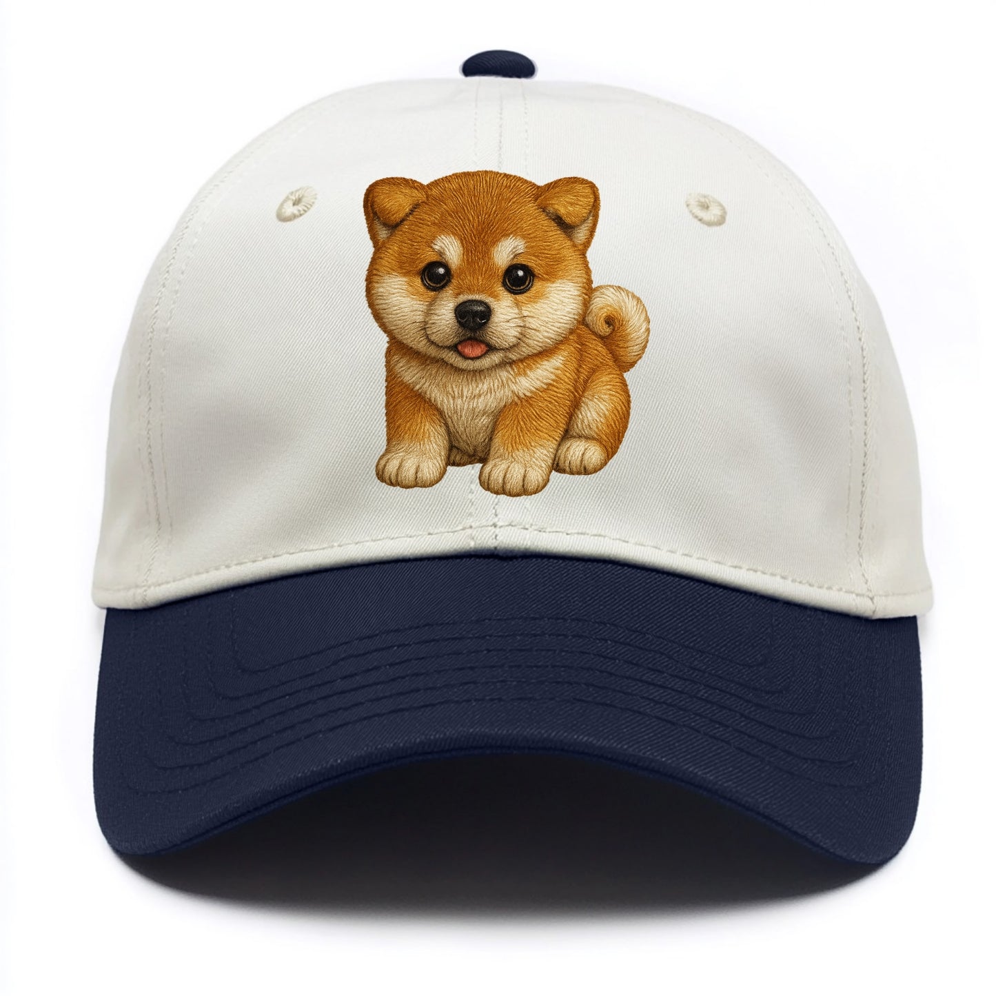 Baby Akita Puppy - fluffy bear-like, curled tail, dignified eyes, front-facing, - Two Tone Cap - Navy