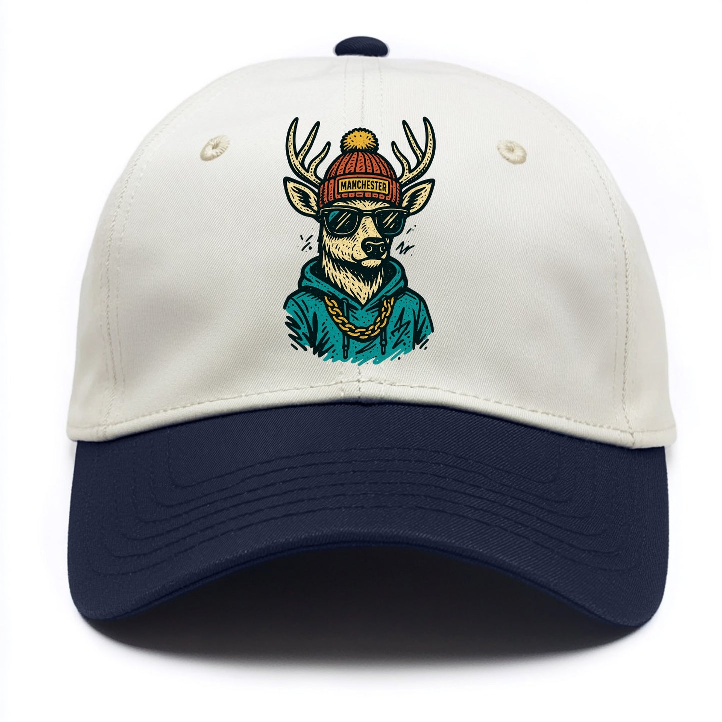 New Hampshire White-tailed Deer wearing Manchester beanie with pom pom and wayfarer - Two Tone Cap - Navy