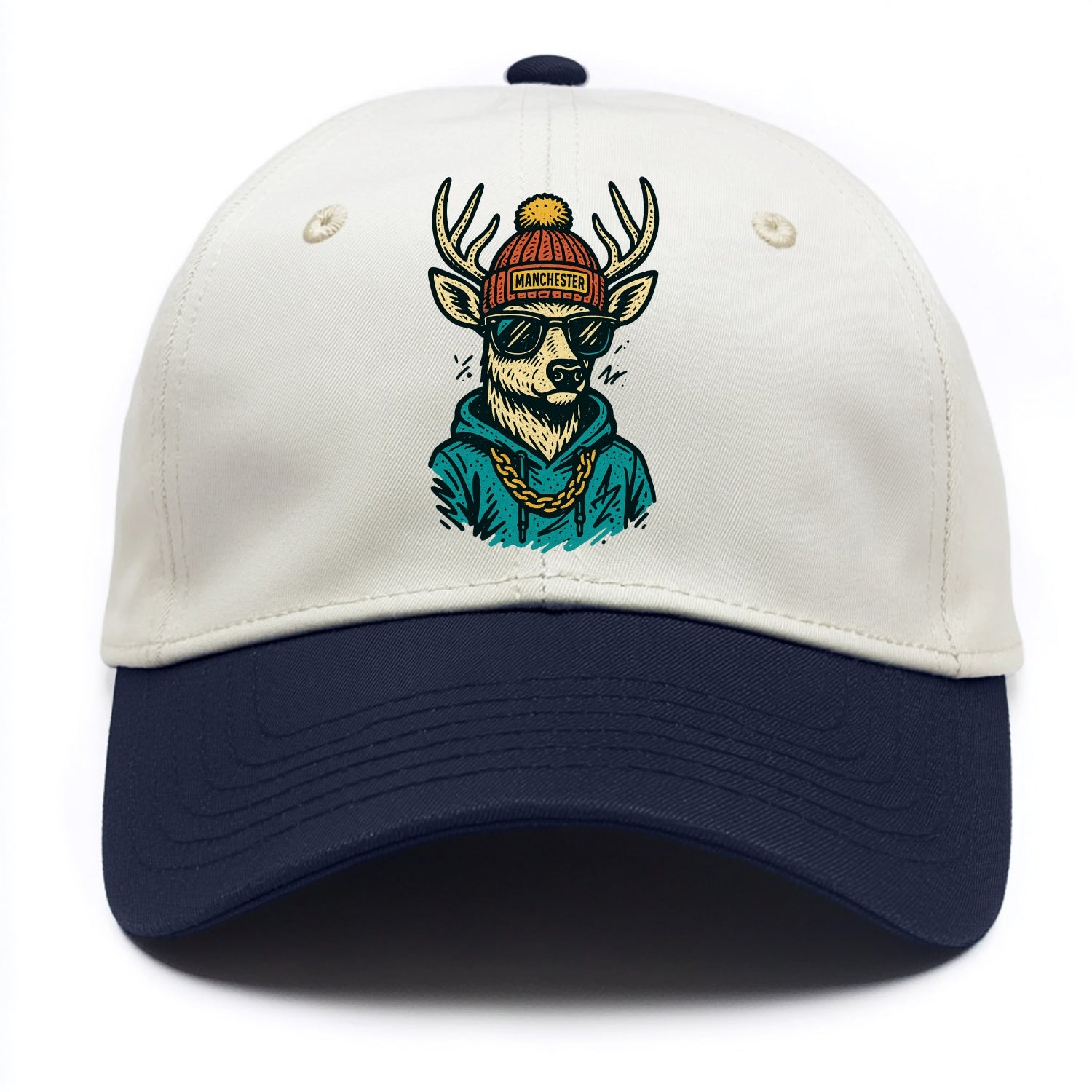 New Hampshire White-tailed Deer wearing Manchester beanie with pom pom and wayfarer - Two Tone Cap - Navy