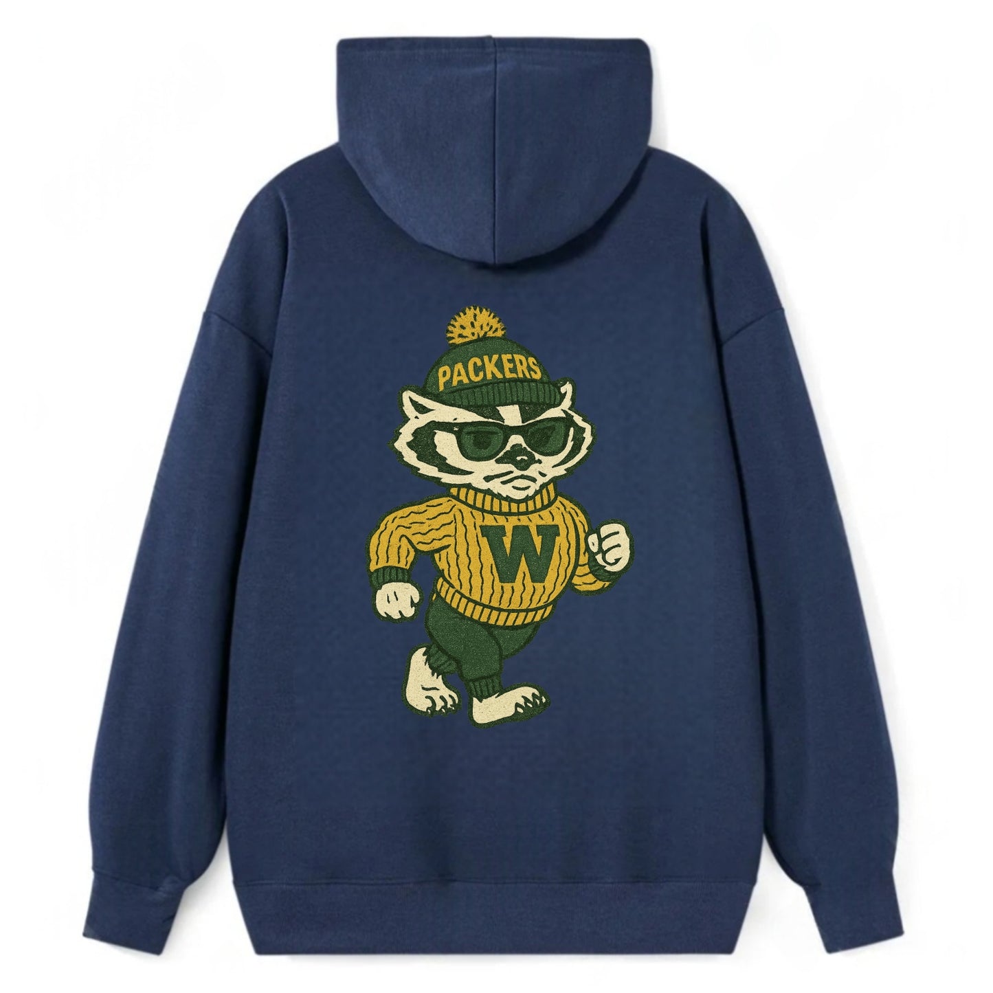 Wisconsin Badger wearing Packers green and gold beanie with pom pom and - Classic Pullover Hoodie - Navy