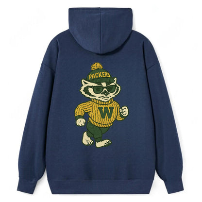 Wisconsin Badger wearing Packers green and gold beanie with pom pom and - Classic Pullover Hoodie - Navy