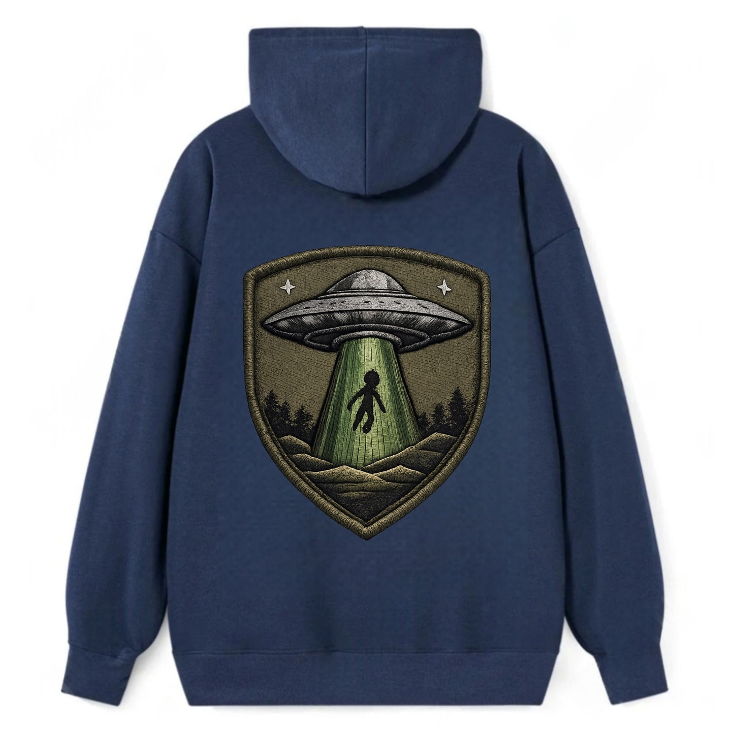 UFO ALIEN - flying saucer with beam in silver and green , extraterrestrial - Classic Pullover Hoodie - Navy