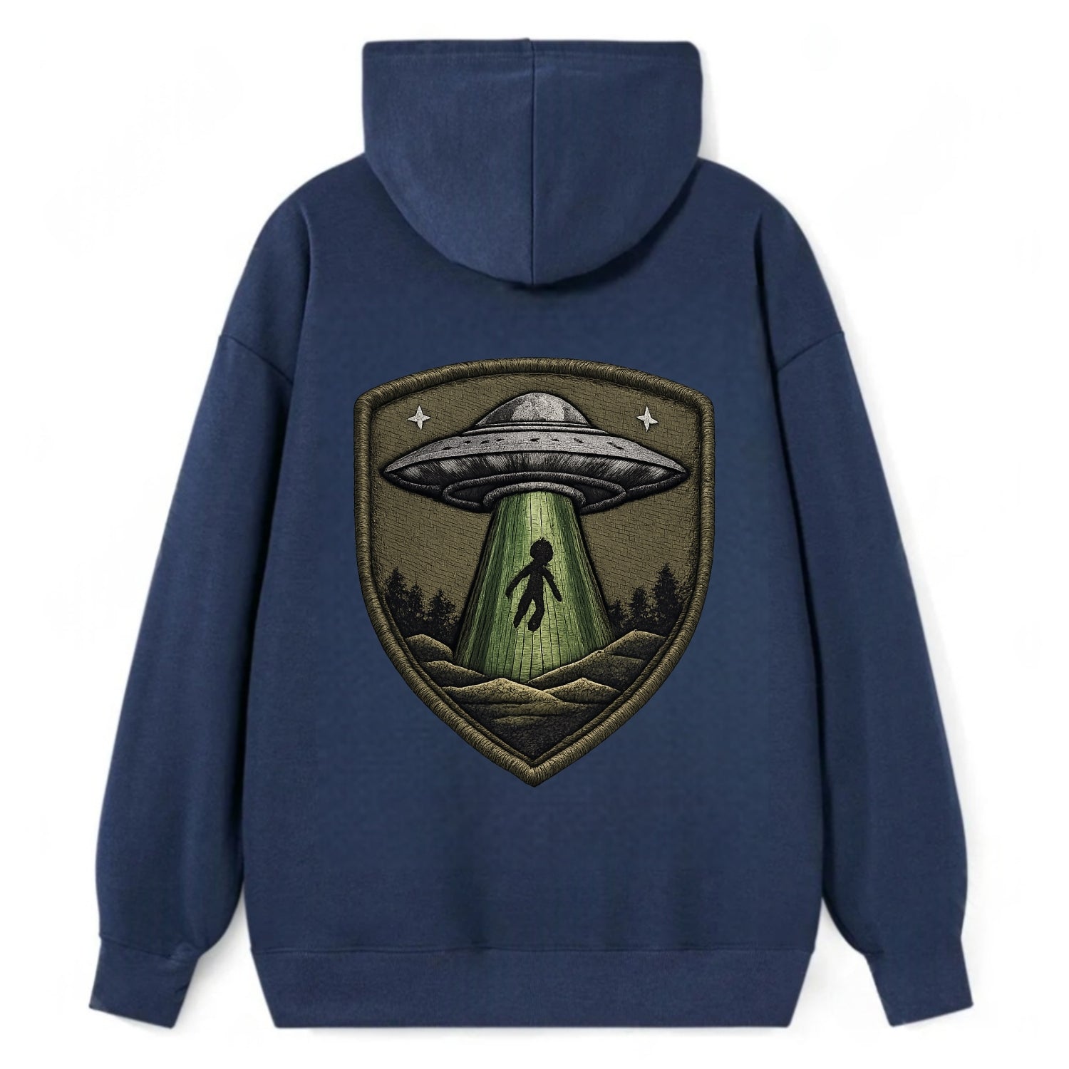 UFO ALIEN - flying saucer with beam in silver and green , extraterrestrial - Classic Pullover Hoodie - Navy