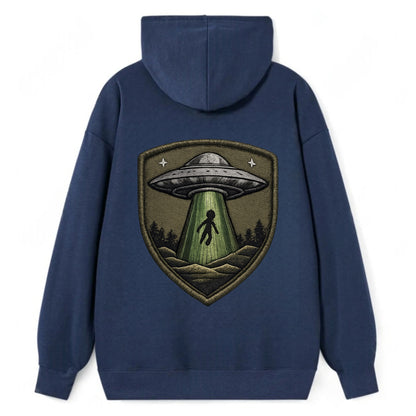 UFO ALIEN - flying saucer with beam in silver and green , extraterrestrial - Classic Pullover Hoodie - Navy