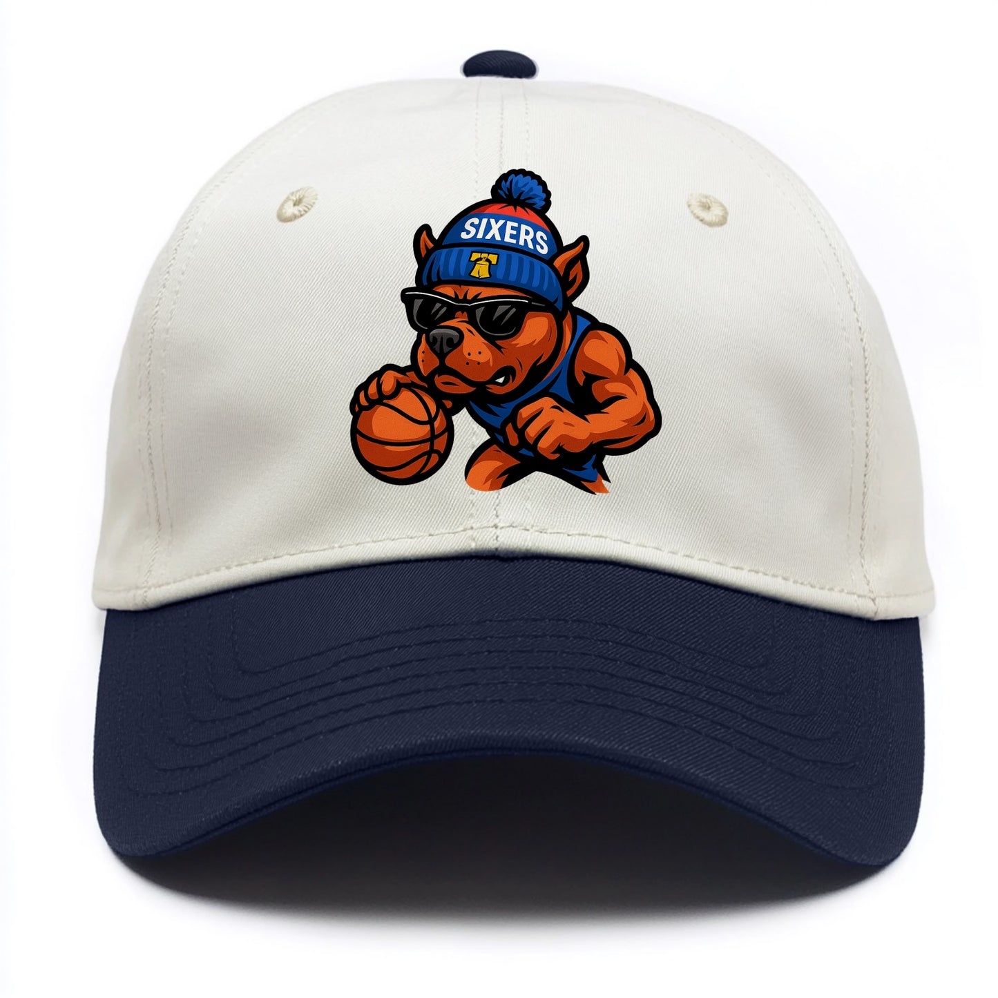 Philly Pitbull wearing Sixers beanie with Liberty Bell and wayfarer sunglasses - Two Tone Cap - Navy