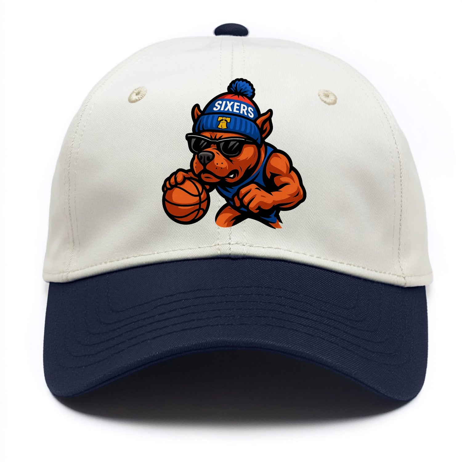 Philly Pitbull wearing Sixers beanie with Liberty Bell and wayfarer sunglasses - Two Tone Cap - Navy