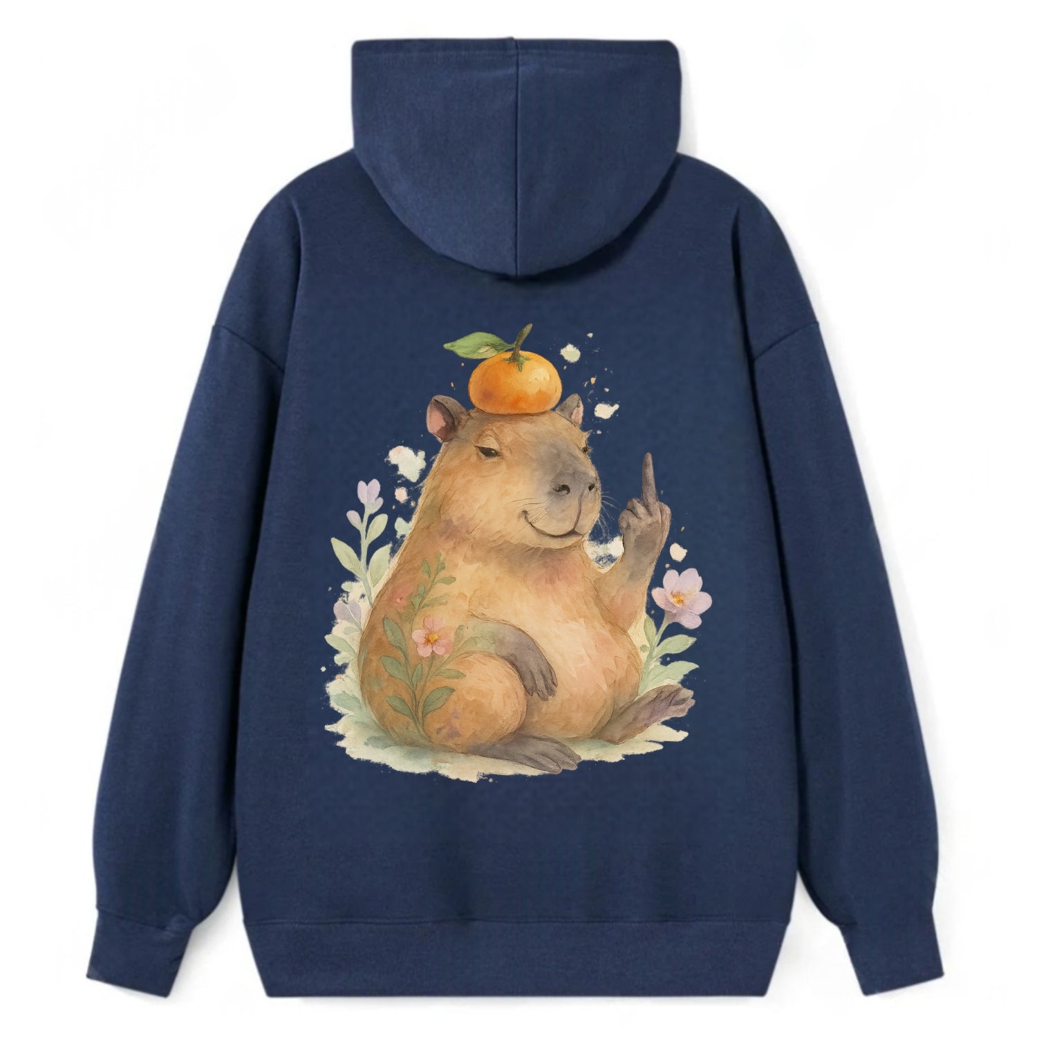 chonky capybara relaxing with orange on head, one webbed middle finger up - Classic Pullover Hoodie - Navy