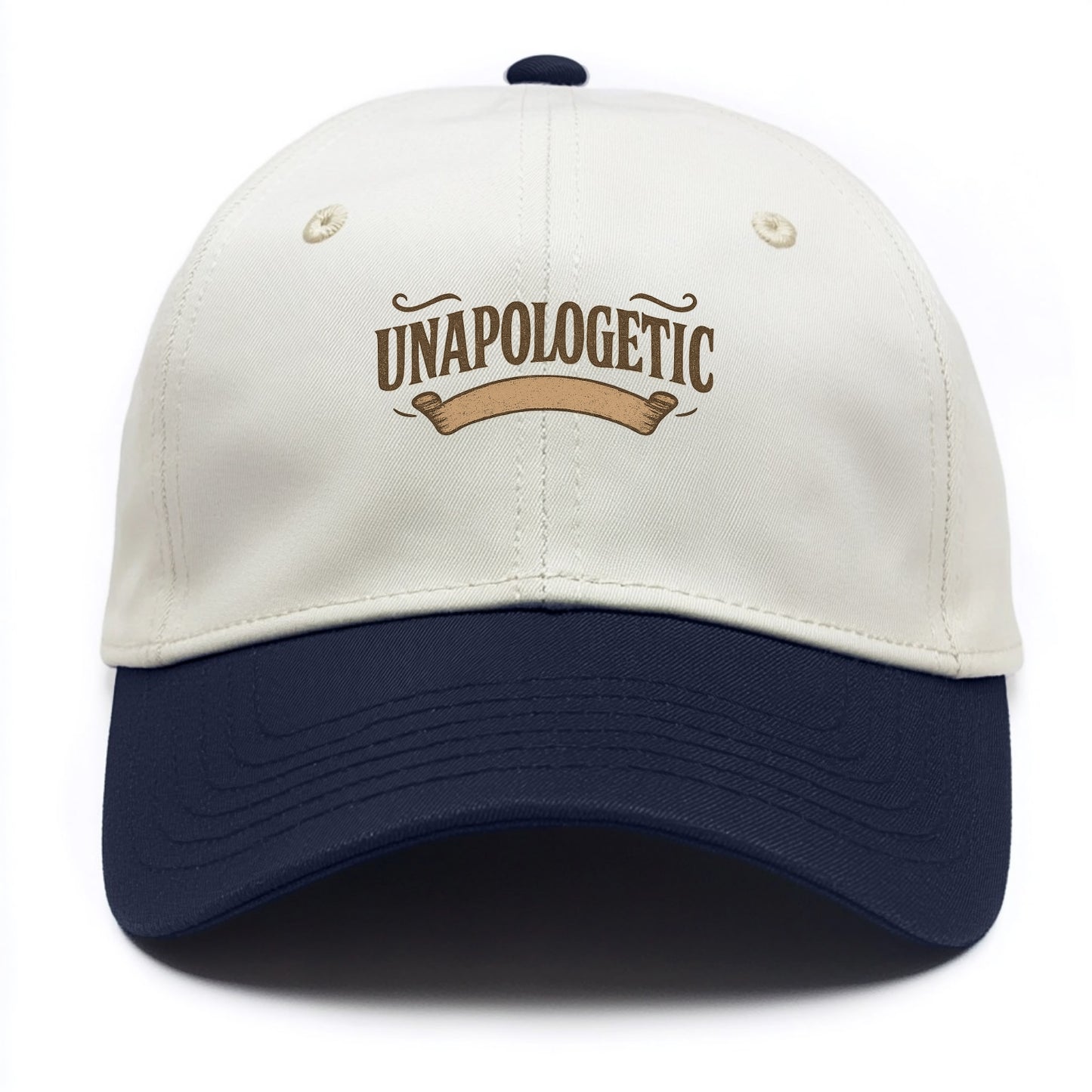 Bold typography design - "UNAPOLOGETIC" - no regrets, owning it - Two Tone Cap - Navy