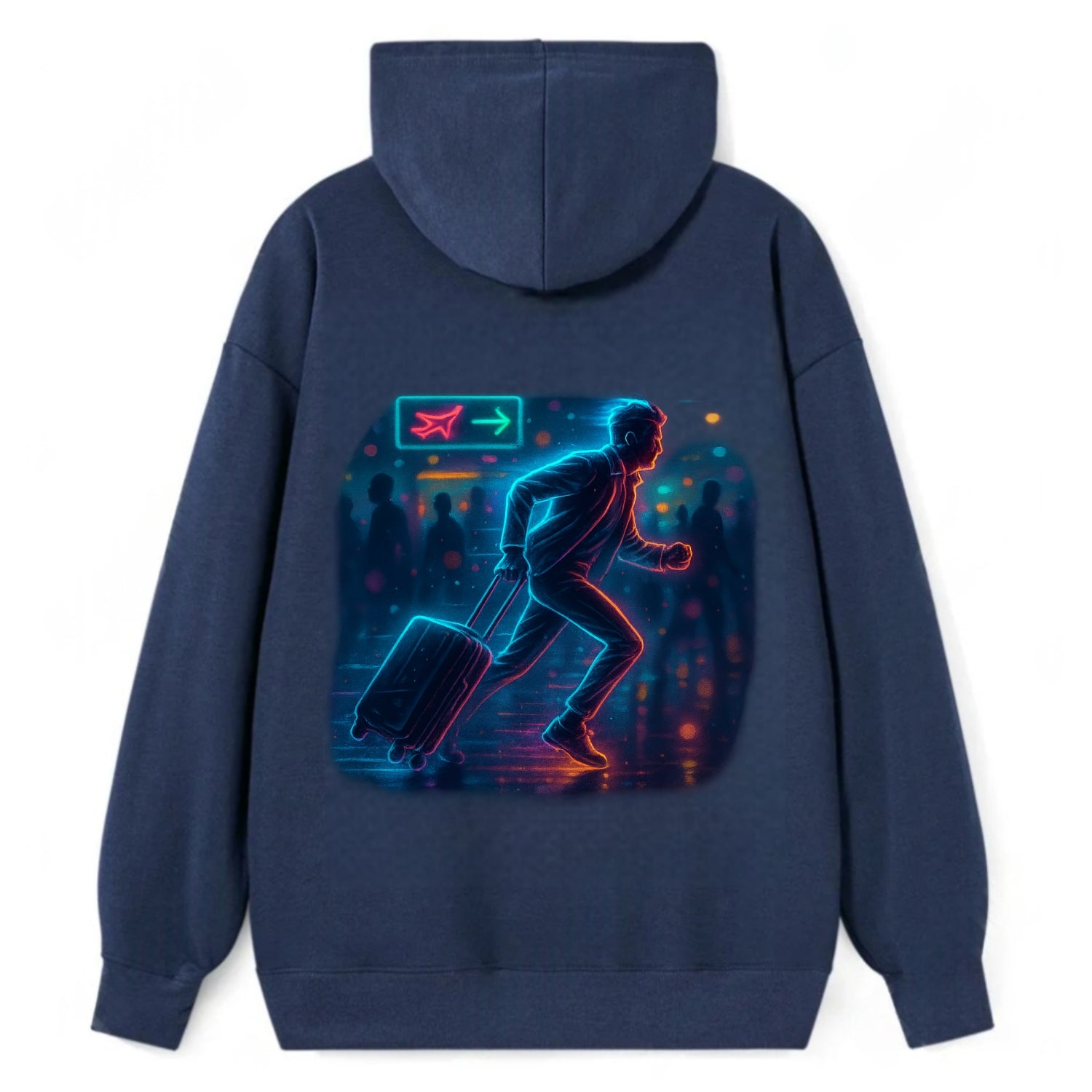 person running with luggage through crowded airport terminal - Classic Pullover Hoodie - Navy