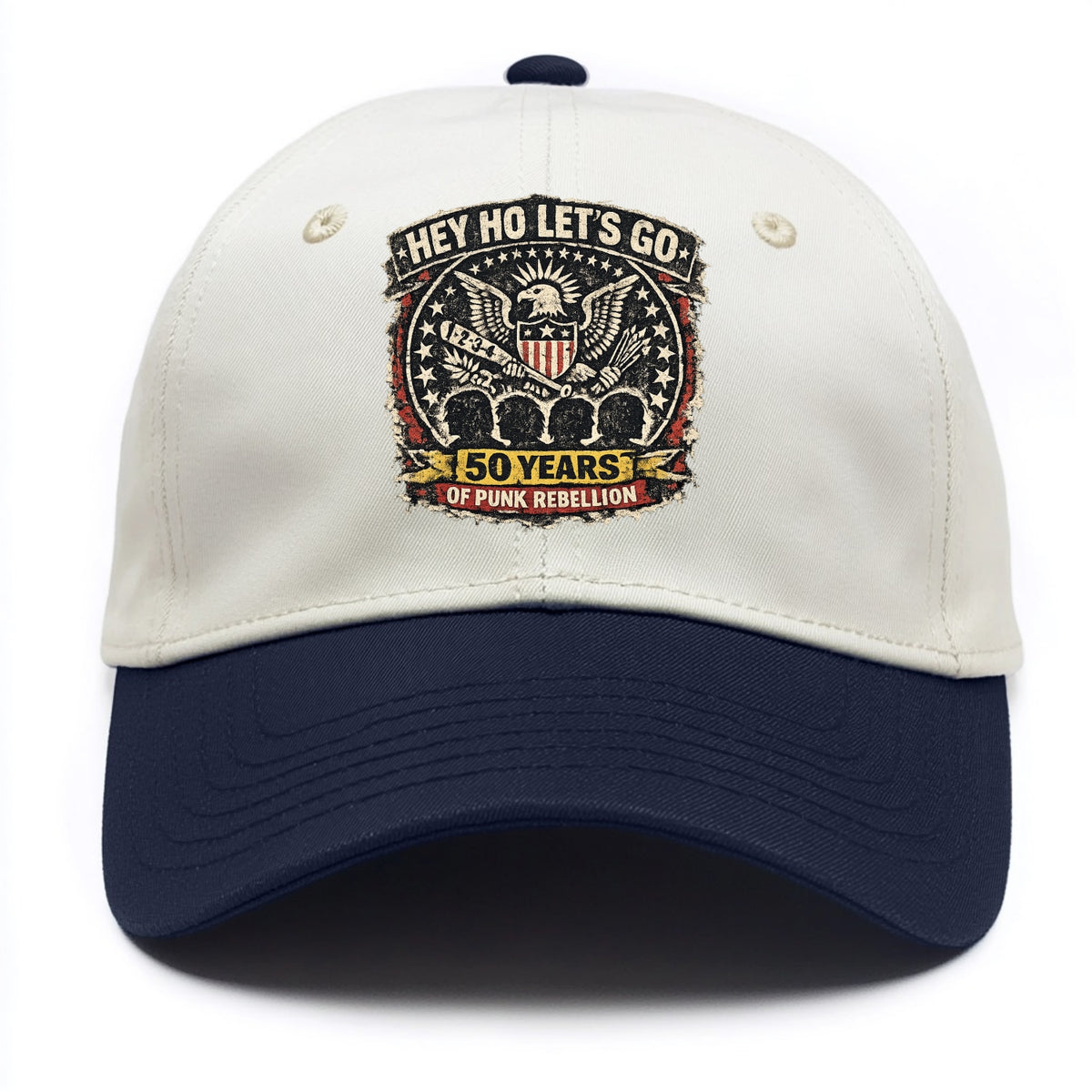 RAMONES LEGACY | Hey Ho Let's Go typography | Presidential seal parody | Four heads - Two Tone Cap - Navy