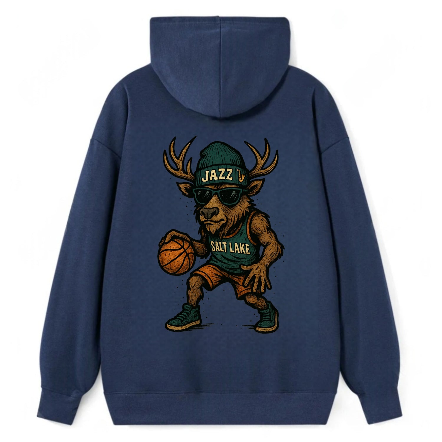 Salt Lake Elk wearing Jazz beanie with saxophone patch and wayfarer - Classic Pullover Hoodie - Navy