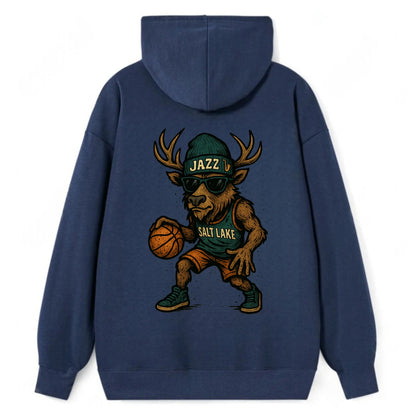 Salt Lake Elk wearing Jazz beanie with saxophone patch and wayfarer - Classic Pullover Hoodie - Navy