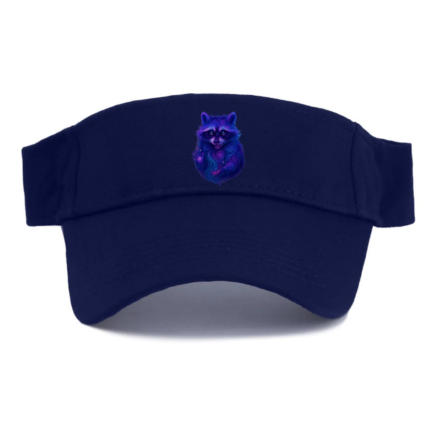 Playful raccoon with mask swirling in hypnotic patterns, neon purple and green fur with - Visor - Navy