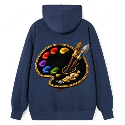PAINT PALETTE - artist palette with brushes in rainbow and brown , - Classic Pullover Hoodie - Navy