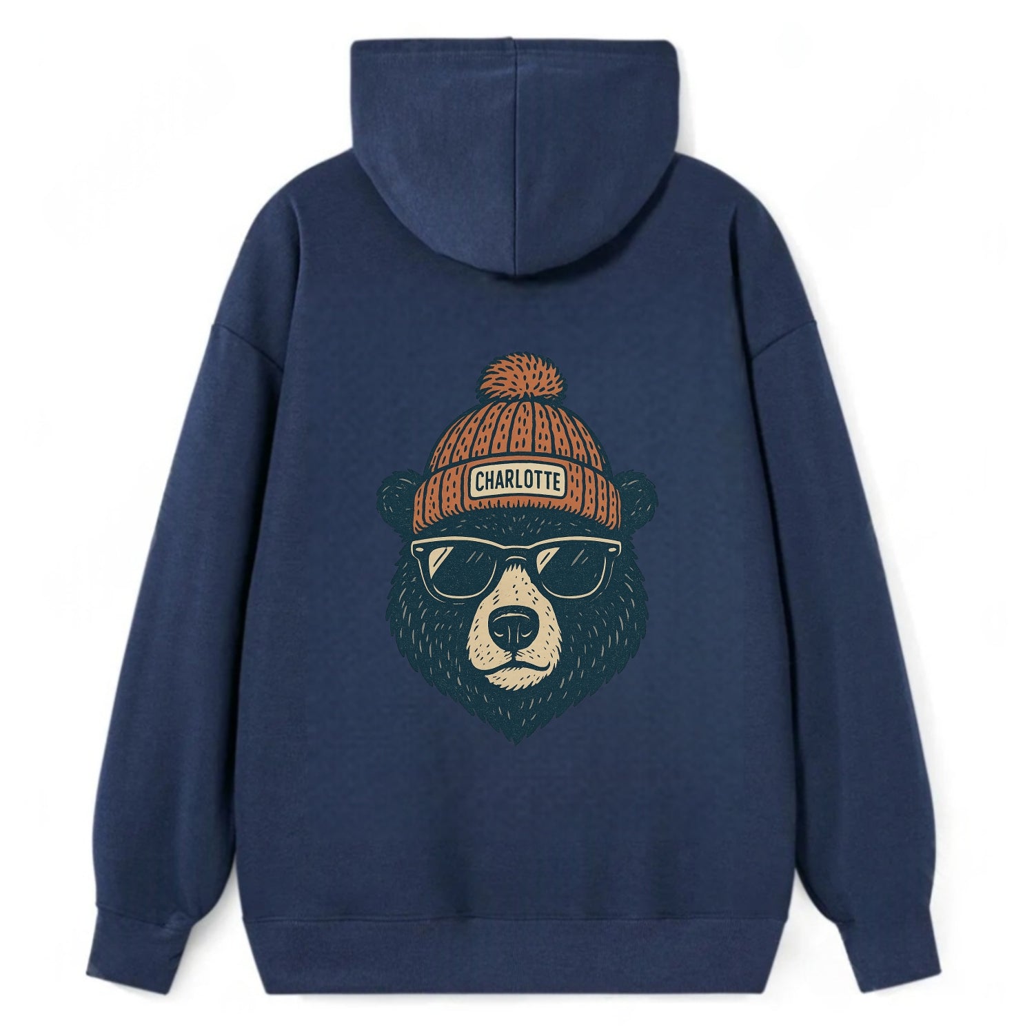 North Carolina Black Bear wearing Charlotte beanie with pom pom and - Classic Pullover Hoodie - Navy