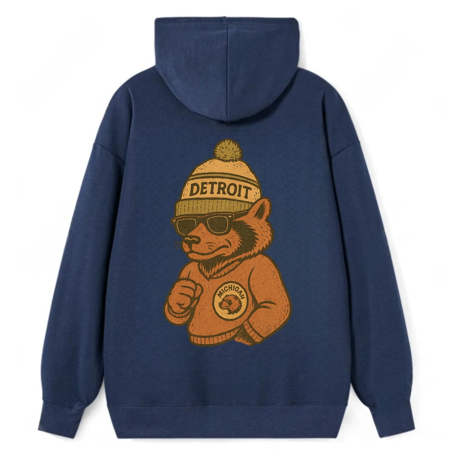Michigan Wolverine wearing Detroit beanie with pom pom and wayfarer - Classic Pullover Hoodie - Navy