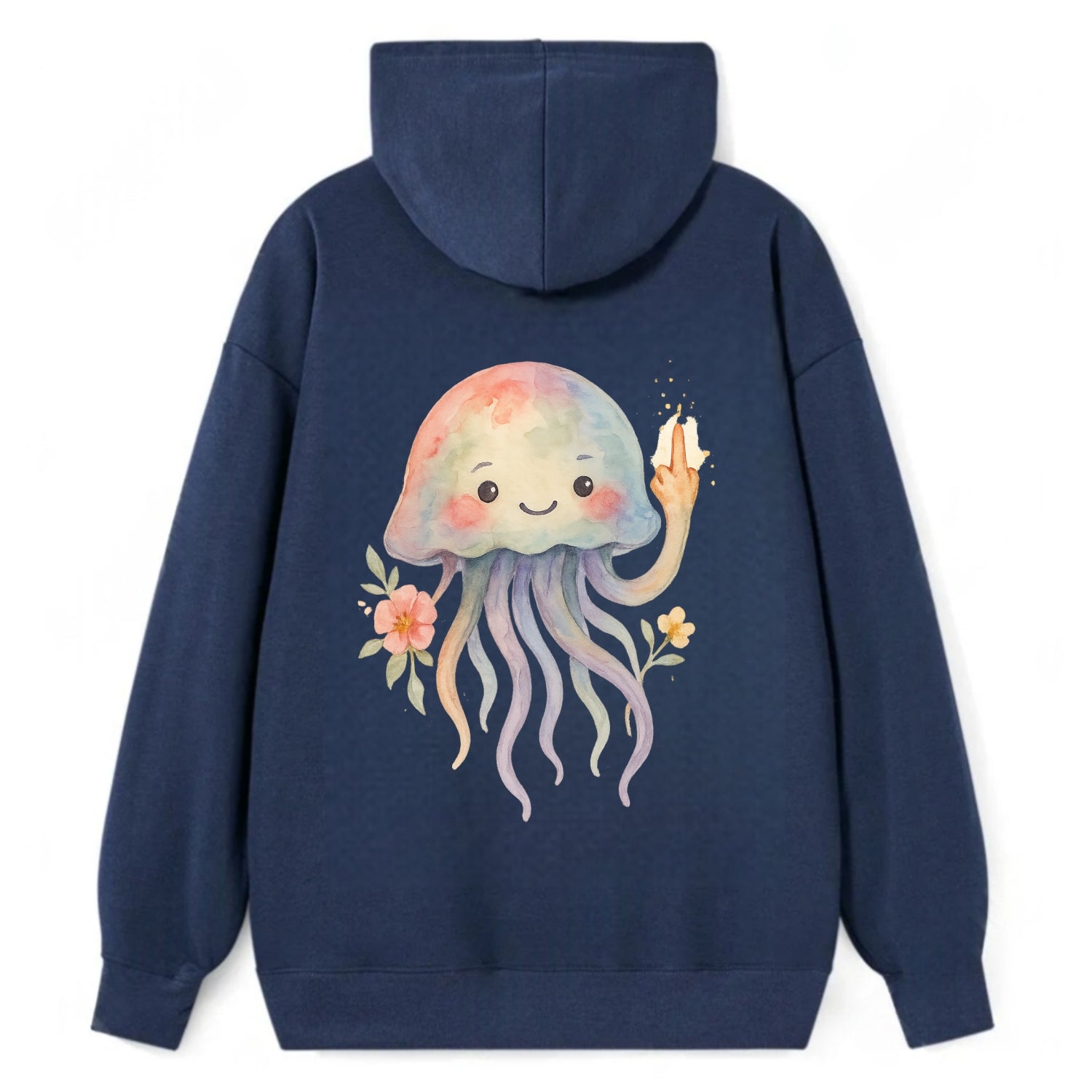 jellyfish with kawaii face and tentacles, one tentacle pointing up - Classic Pullover Hoodie - Navy