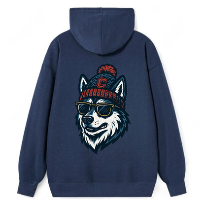 Storrs Husky wearing UConn beanie with C patch - Classic Pullover Hoodie - Navy