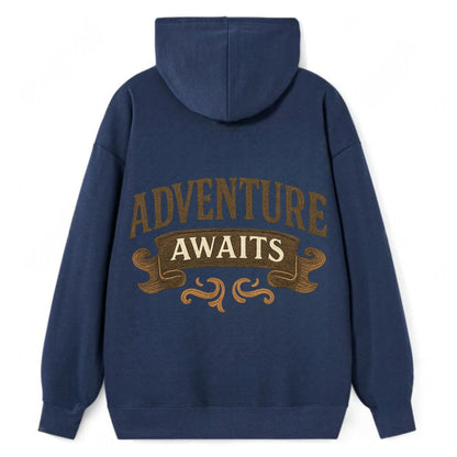 Bold typography design - "ADVENTURE AWAITS" - excitement ahead, ready for - Classic Pullover Hoodie - Navy