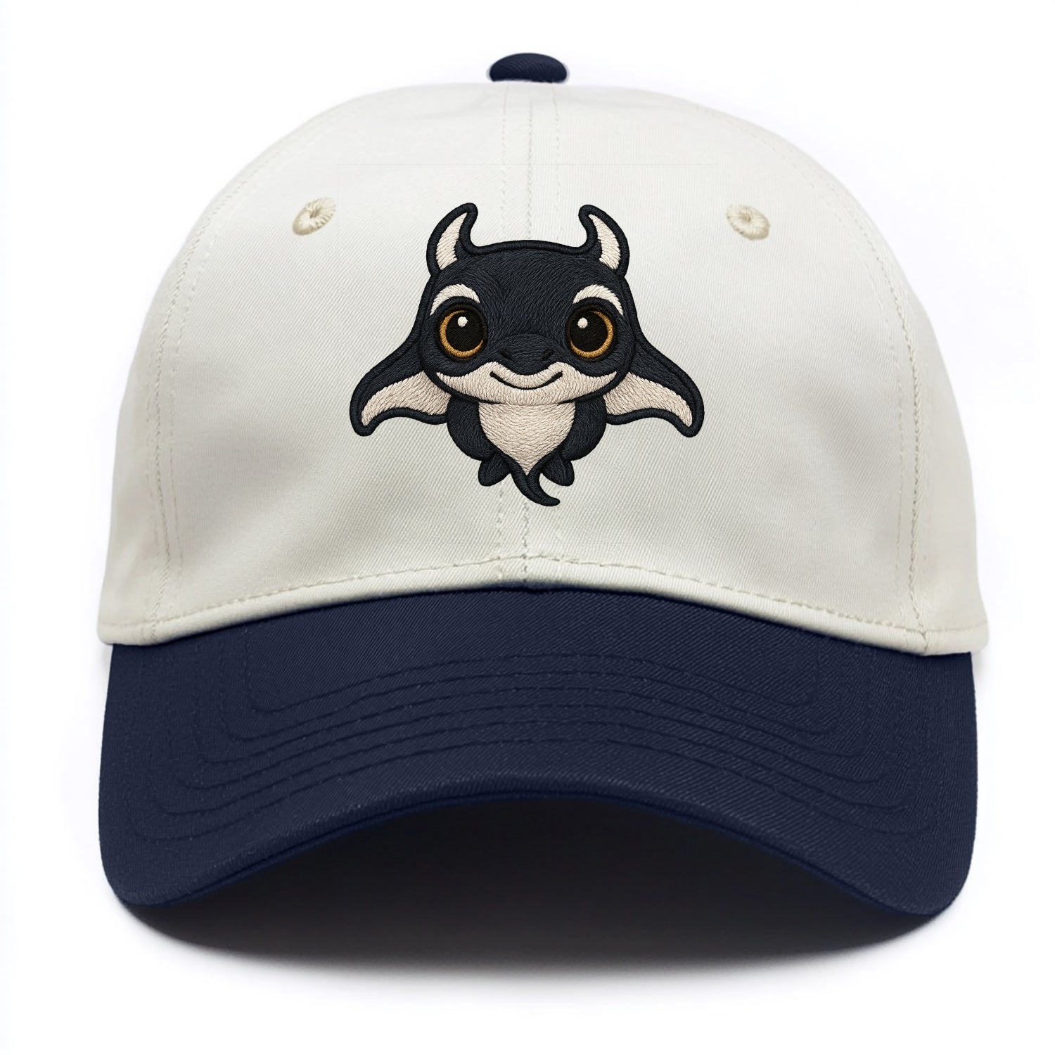 Baby Manta Ray - dark with white markings, cephalic fins, gentle eyes, front-facing, - Two Tone Cap - Navy