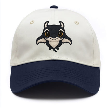 Baby Manta Ray - dark with white markings, cephalic fins, gentle eyes, front-facing, - Two Tone Cap - Navy