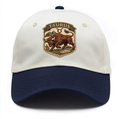 TAURUS BULL - strong bull in brown and green , earth sign - Two Tone Cap - Navy